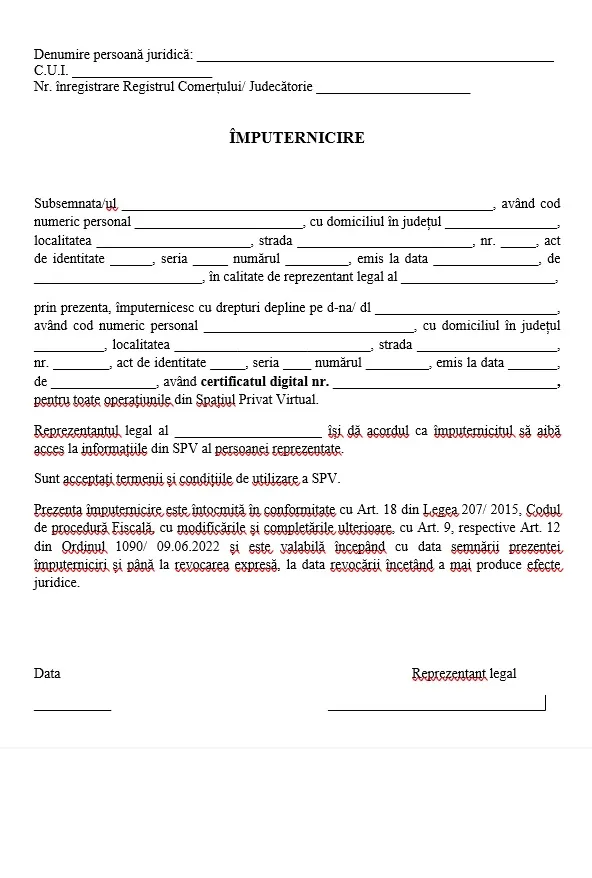 Imputernicire SPV Împuternicire înregistrare SPV ANAF